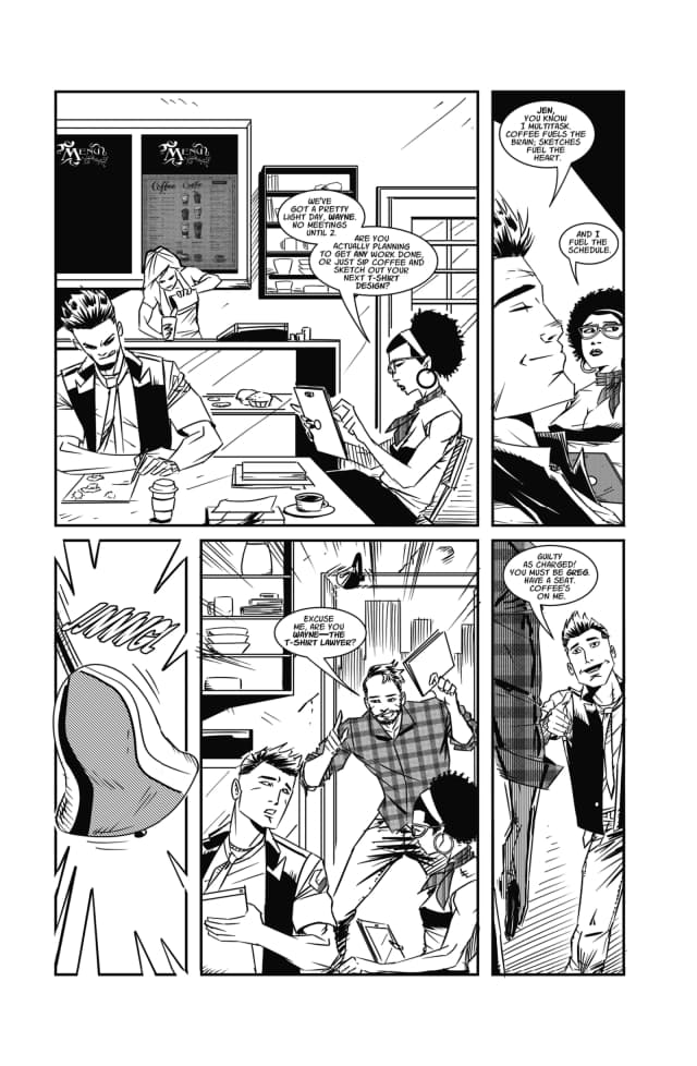 Sequential panels from the original T-Shirt Lawyer comic